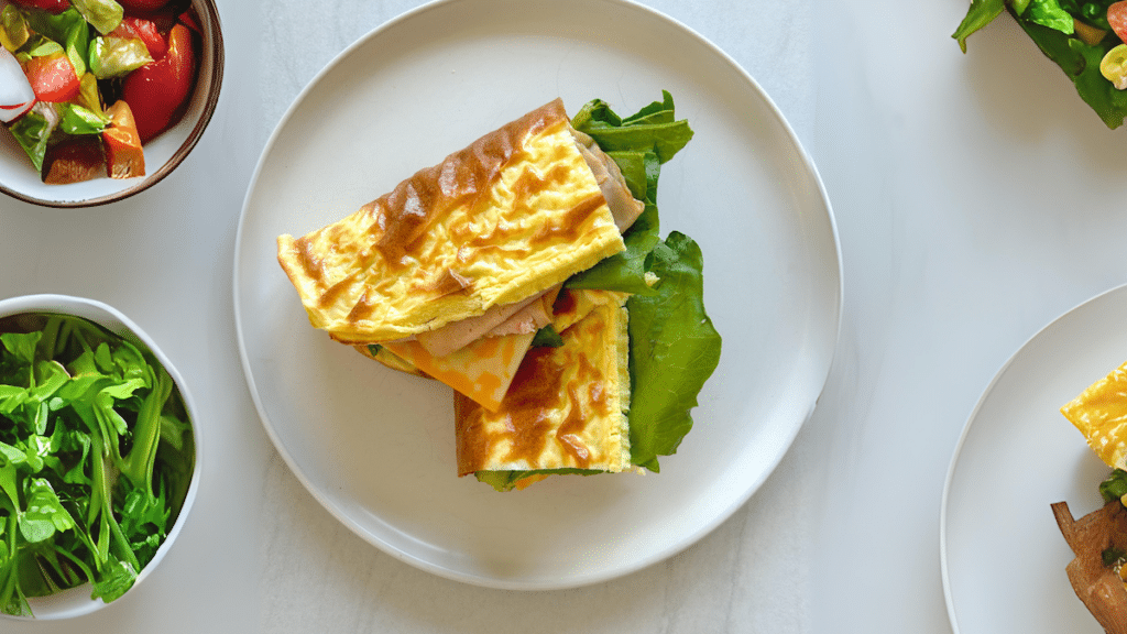 using 2-ingredient cottage cheese bread to make a sandwich on a white table