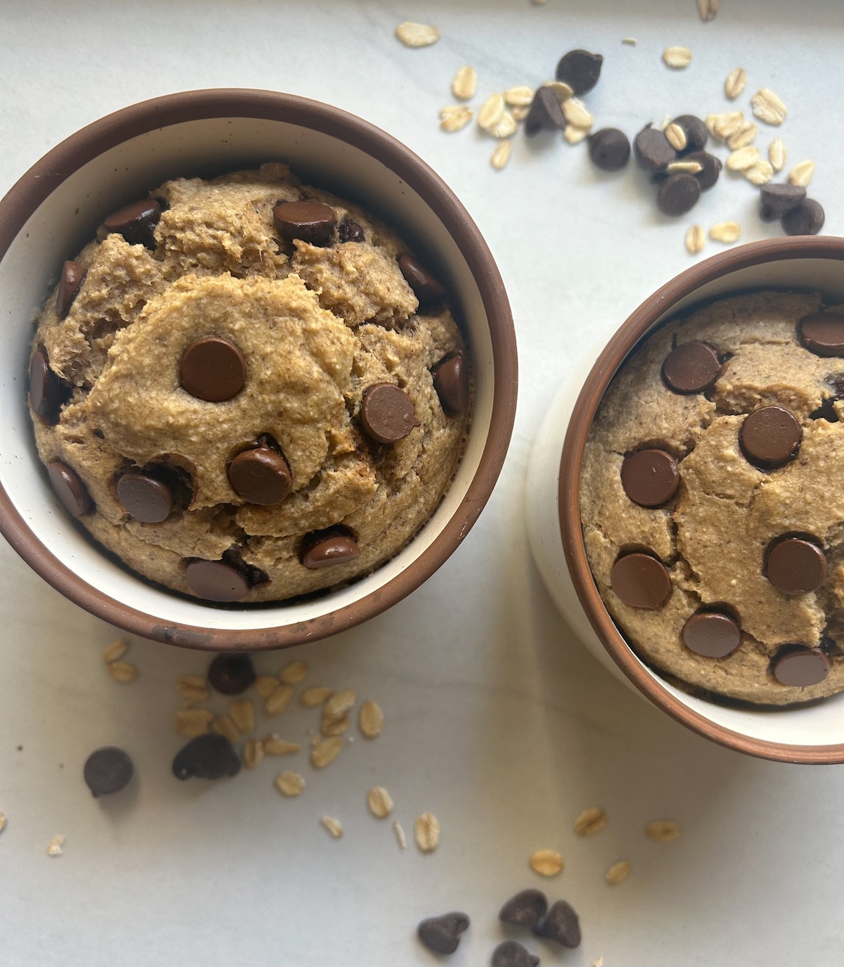 chocolate chip baked oats on a marble counter